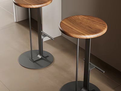 Modern Round Bar Stools With Walnut Wooden Seat And Metal Frame Design 3d model