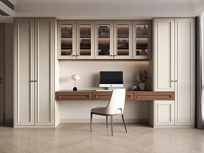 Home Office Desk With White Cabinets Glass Doors Display Items Computer Lamp And Chair 3d model
