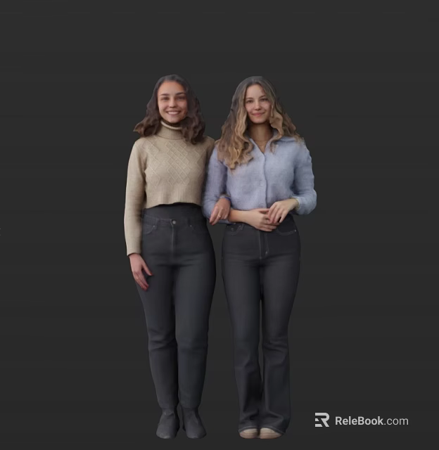 Two Women Wearing Beige Sweater And Light Blue Shirt With Dark Pants On Dark Background 3d model 