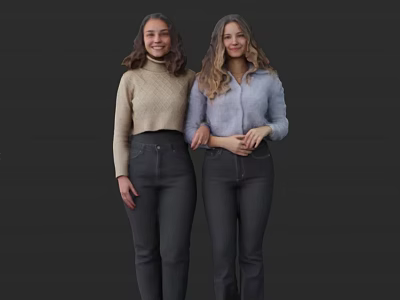 Two Women Wearing Beige Sweater And Light Blue Shirt With Dark Pants On Dark Background 3d model