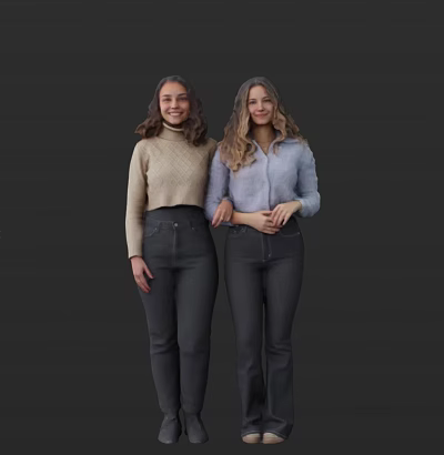 Two Women Wearing Beige Sweater And Light Blue Shirt With Dark Pants On Dark Background 3d model