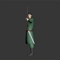 3D Archer Character In Green Robe Holding Longbow With Sword And Pulling Bowstring