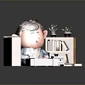 Child Sitting at Desk with Bookshelf Books and Potted Plants
