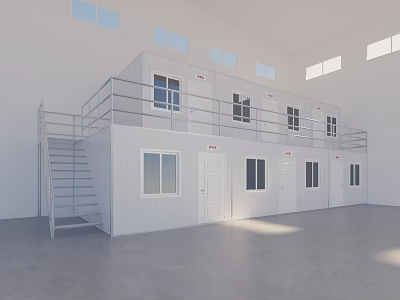 Modular Two Story Industrial Workshop With White Exterior Windows Doors And Staircase 3d model