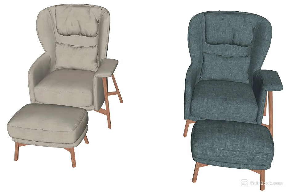 Cozy Light Gray And Deep Teal Armchairs With Matching Ottoman And Wooden Legs 3d model 