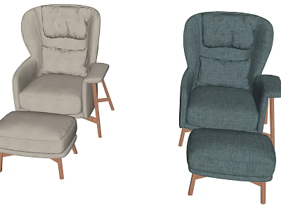 Cozy Light Gray And Deep Teal Armchairs With Matching Ottoman And Wooden Legs 3d model