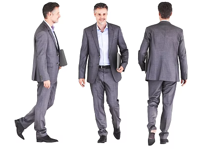Business Man in Gray Suit Holding Briefcase Front Side and Back Views 3d model