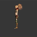 3D Model Woman with Golden Hair Brown Top Green Pants Red Gloves and Golden Boots