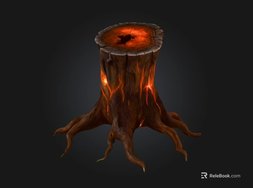 Wooden Stone Stump With Glowing Red Interior And Intricate Roots Design 3d model 