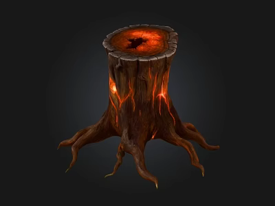 Wooden Stone Stump With Glowing Red Interior And Intricate Roots Design 3d model