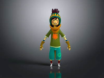 3D Cartoon Character With Green Outfit Orange Leaf Pattern Yellow Gloves Purple Yellow Hat 3d model