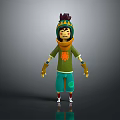 3D Cartoon Character With Green Outfit Orange Leaf Pattern Yellow Gloves Purple Yellow Hat