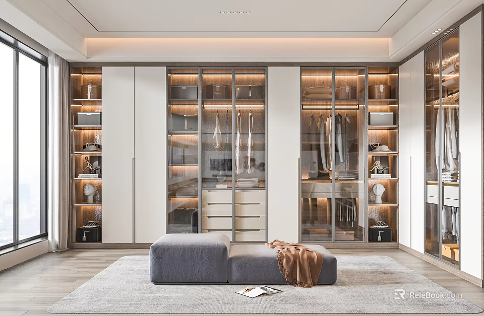 Luxurious Walk in Closet Interior With Glass Door Cabinets Hanging Clothes And Gray Bench 3d model 