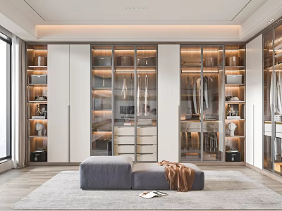 Luxurious Walk in Closet Interior With Glass Door Cabinets Hanging Clothes And Gray Bench 3d model