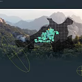 Gorgeous Natural Mountain Forest Landscape With Lush Pines Winding Path And Flying Birds Above Peaks