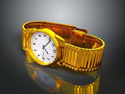 Shiny Golden Watch With White Dial Black Numbers And Hands And Metal Strap 3d model