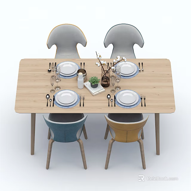 Modern Wooden Dining Table Set With Four Mixed Color Chairs And Tableware Decorations 3d model 