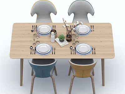 Modern Wooden Dining Table Set With Four Mixed Color Chairs And Tableware Decorations 3d model