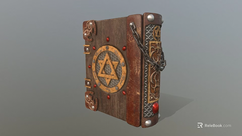 Ancient Decorated Leather Book With Hexagram Symbol Metal Chain And Red Gems 3d model 