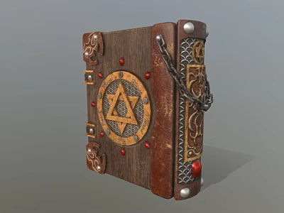 Ancient Decorated Leather Book With Hexagram Symbol Metal Chain And Red Gems 3d model
