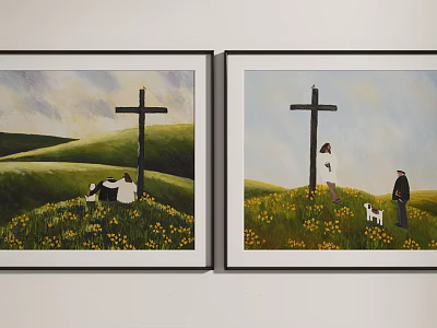 Two Framed Paintings With Cross Green Meadow Yellow Flowers People And Dog 3d model