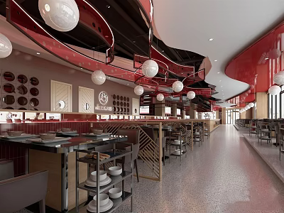 Modern Restaurant Interior With Red Decor Round Pendant Lights Long Bar Counter Tables And Chairs 3d model