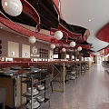 Modern Restaurant Interior With Red Decor Round Pendant Lights Long Bar Counter Tables And Chairs