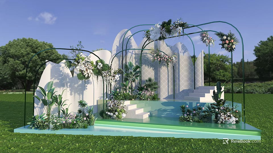 Outdoor Floral Art Installation With White Curved Structures Green Metal Arches Steps And Lush Greenery 3d model 