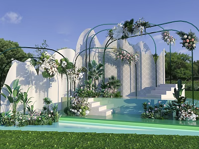 Outdoor Floral Art Installation With White Curved Structures Green Metal Arches Steps And Lush Greenery 3d model