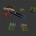 Vintage Cannon Weapon with Wooden Wheels and Ammunition Boxes on Dark Background