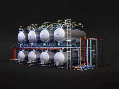 Industrial Equipment Featuring Multiple Large Storage Tanks And Metal Piping Framework 3d model