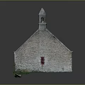 Cartoon Scenery Depicting Old Style Building With Gray Roof Red Doors Spire And Green Grass