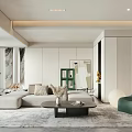 Modern Living Room With Light Gray Sofa Golden Bear Sculpture And Marble Fireplace