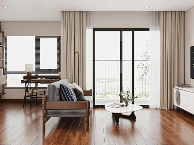 Apartment Interior with Wooden Floor Sofa Coffee Table and Floor to Ceiling Windows 3d model
