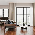 Apartment Interior with Wooden Floor Sofa Coffee Table and Floor to Ceiling Windows