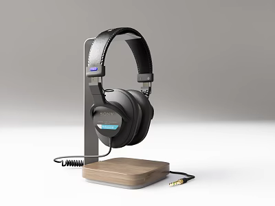 Stylish Black Over Ear Headphones With Wooden Stand And Coiled Audio Cable 3d model