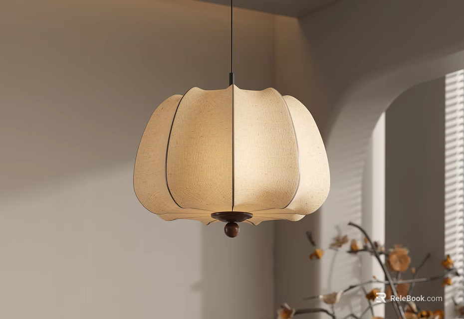 Modern Linen Chandelier With Petal Shaped Design Soft Light And Decorative Branches On Neutral Wall 3d model 