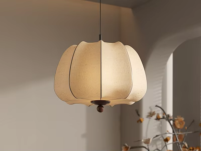 Modern Linen Chandelier With Petal Shaped Design Soft Light And Decorative Branches On Neutral Wall 3d model