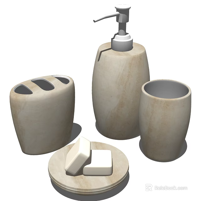 Modern Beige Bathroom Accessories with Soap Dispenser Toothbrush Holder and Soap Dish 3d model 