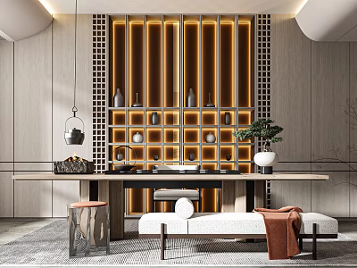 Traditional Tea Room Interior With Wooden Partition Tea Sets And Stool Seating 3d model