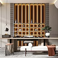 Traditional Tea Room Interior With Wooden Partition Tea Sets And Stool Seating