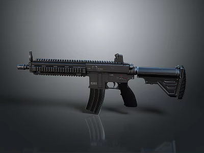 Black Assault Rifle Featuring Tactical Rail Magazine Stock On Gray Background With Reflection 3d model