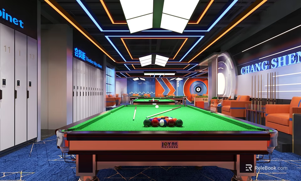 Modern Billiard Room Interior With Green Felt Table Balls Cues And Seating Area 3d model 