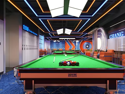 Modern Billiard Room Interior With Green Felt Table Balls Cues And Seating Area 3d model