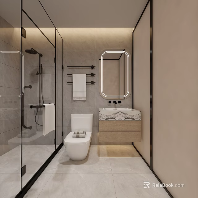 Modern Bathroom With Glass Shower Toilet And Vanity 3d model 