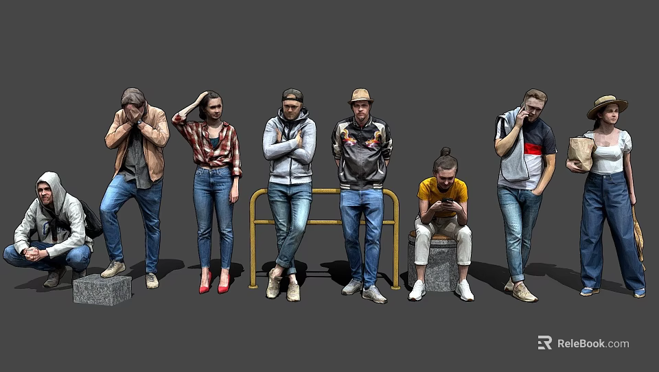 Group of people with different poses standing sitting and using smartphones in casual clothing 3d model 