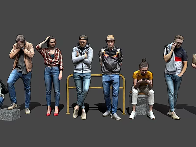 Group of people with different poses standing sitting and using smartphones in casual clothing 3d model