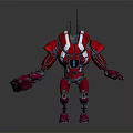 Futuristic Red Armored Robot Character Standing With Mechanical Weapon Arm And Metallic Structure