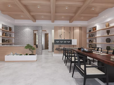 Elegant Modern Hotel Lobby Interior With Wooden Beams Stone Wall And Comfortable Seating 3d model