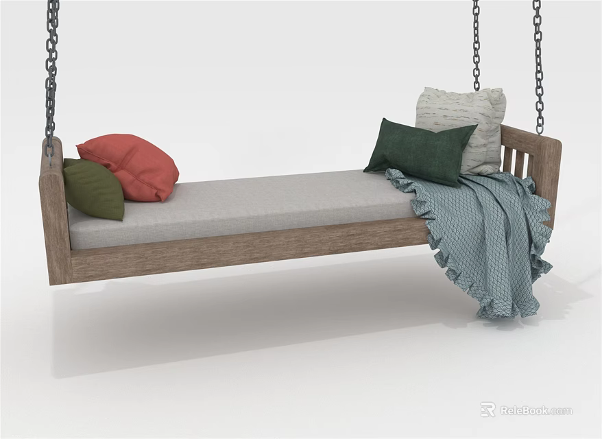 Comfortable Wooden Swing Chair With Soft Cushion Colorful Pillows And Cozy Blanket 3d model 